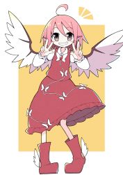 Rule 34 | 1girl, ahoge, animal ears, asameshi, blush stickers, boots, brown dress, brown eyes, brown footwear, double w, dress, full body, grin, hands up, highres, long sleeves, looking at viewer, mystia lorelei, no headwear, no headwear, pink hair, shirt, short hair, smile, solo, touhou, w, white shirt, winged footwear, wings, yellow background