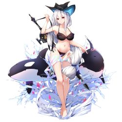Rule 34 | 1girl, animal, arknights, arm up, armpits, bare arms, bare shoulders, barefoot, bikini, black bikini, black headwear, breasts, cleavage, collarbone, frilled bikini, frills, halterneck, halterneck, highres, holding, large breasts, leria v, long hair, looking at viewer, low-tied long hair, navel, orca, red eyes, sarong, side-tie bikini bottom, silver hair, simple background, skadi (arknights), solo, standing, stomach, string bikini, swimsuit, sword, thighs, very long hair, weapon, white background