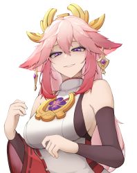 Rule 34 | 1girl, absurdres, animal ears, bare shoulders, breasts, commentary, detached sleeves, earrings, english commentary, fox ears, genshin impact, hair between eyes, hair ornament, highres, japanese clothes, jewelry, large breasts, long hair, looking at viewer, miko, open mouth, pink hair, purple eyes, simple background, single detached sleeve, slit pupils, smile, solo, white background, wide sleeves, yae miko, yuu azma