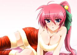 Rule 34 | 00s, 1girl, bare shoulders, blue eyes, blush, boots, breasts, christmas, cleavage, diesel-turbo, dress, female focus, hair ribbon, large breasts, long hair, looking at viewer, lyrical nanoha, mahou shoujo lyrical nanoha, open mouth, pink hair, ponytail, red dress, ribbon, santa boots, santa costume, shiny skin, short dress, signum, solo, strapless, strapless dress