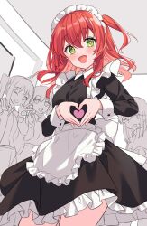 Rule 34 | :d, ;d, alternate costume, apron, black dress, bocchi the rock!, breasts, collared dress, commentary, dress, english commentary, enmaided, frilled apron, frilled dress, frills, gotoh hitori, green eyes, hair between eyes, heart, heart hands, highres, hitsukuya, ijichi nijika, indoors, kita ikuyo, long sleeves, maid, maid headdress, one eye closed, one side up, open mouth, red hair, side ponytail, small breasts, smile, standing, sweat, unfinished, wavy mouth, white apron, yamada ryo
