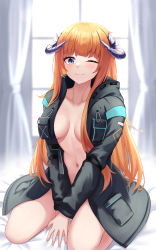Rule 34 | 1girl, absurdres, arknights, bagpipe (arknights), blunt bangs, breasts, breasts apart, closed mouth, coat, collarbone, gongbangmanchi (daisy cutter), highres, horns, long hair, long sleeves, looking at viewer, medium breasts, naked coat, navel, on bed, one eye closed, orange hair, purple eyes, seiza, sidelocks, sitting, smile, solo, v arms, window