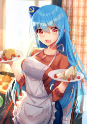 Rule 34 | 1girl, alternate costume, apron, bison cangshu, blue hair, blue pants, breasts, food, food on face, hat, highres, holding, holding plate, indoors, long hair, long sleeves, looking at viewer, medium breasts, mini hat, open mouth, pants, plate, quincy (warship girls r), red eyes, red shirt, shirt, solo, warship girls r