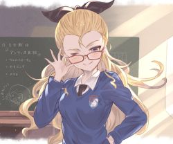 Rule 34 | &gt; &lt;, 1girl, :d, ;), adjusting clothes, adjusting headwear, arutoria (187497382), assam (girls und panzer), bad id, bad pixiv id, bespectacled, black necktie, black ribbon, blonde hair, blue eyes, blue sweater, chalkboard, classroom, closed mouth, commentary, day, drawing, dress shirt, emblem, girls und panzer, glasses, hair pulled back, hair ribbon, hand on own hip, indoors, long hair, long sleeves, looking at viewer, necktie, one eye closed, open mouth, red-framed eyewear, ribbon, rosehip (girls und panzer), school uniform, shirt, smile, solo, st. gloriana&#039;s (emblem), st. gloriana&#039;s school uniform, standing, sunlight, sweater, translated, v-neck, white shirt, wing collar