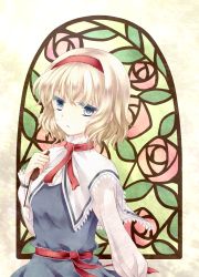 Rule 34 | 1girl, alice margatroid, bad id, bad pixiv id, blonde hair, blue eyes, book, capelet, colored eyelashes, expressionless, female focus, hairband, highres, kai aki, short hair, solo, stained glass, touhou