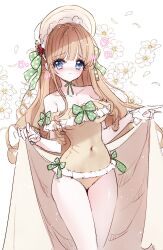 Rule 34 | 1girl, bare shoulders, blue eyes, blush, bonnet, brown hair, brown one-piece swimsuit, closed mouth, collarbone, commentary request, covered navel, flower, frilled one-piece swimsuit, frills, heart, highres, holding, holding towel, long hair, looking at viewer, nose blush, off-shoulder one-piece swimsuit, off shoulder, one-piece swimsuit, original, petals, simple background, solo, swimsuit, tandohark, towel, very long hair, white background, white flower, white headwear