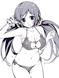 Rule 34 | 10s, 1girl, bikini, blush, breasts, cleavage, female focus, hair ornament, large breasts, long hair, looking at viewer, love live!, love live! school idol project, monochrome, navel, open mouth, oryo (oryo04), scrunchie, smile, solo, spot color, swimsuit, tojo nozomi, twintails, wrist scrunchie
