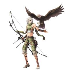 Rule 34 | 1boy, arrow (projectile), belt, bird, boots, bow (weapon), brown belt, brown footwear, brown gloves, camouflage, camouflage scarf, camouflage shorts, closed mouth, compound bow, crop top, falcon, fingerless gloves, full body, gloves, green scarf, green shirt, green shorts, grey eyes, grey hair, hair between eyes, highres, holding, holding bow (weapon), holding weapon, leona (pixiv), long bangs, male focus, midriff, navel, official art, pouch, ragnarok online, ranger (ragnarok online), scarf, shirt, short hair, shorts, simple background, sleeveless, sleeveless shirt, smile, solo, standing, tachi-e, transparent background, weapon