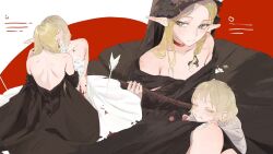 Rule 34 | 2girls, adapted costume, aged down, arrow (projectile), backless dress, backless outfit, bare back, bare shoulders, berry, black dress, black hood, blonde hair, blood, blood on arm, blood on clothes, body fur, child, choker, commentary, couple, detached hood, detached sleeves, dress, dungeon meshi, ear covers, eating, elf, falin touden, falin touden (chimera), flat chest, flower, food, fruit, green eyes, grey hair, hair over shoulder, hand up, highres, holding, holding food, holding fruit, holding staff, hood, hood up, hooded dress, implied kiss, le (szs0k), long hair, long sleeves, marcille donato, marcille donato (lord), multiple girls, multiple views, parted hair, planted, planted arrow, pointy ears, red background, short hair, sideways glance, sitting, spoilers, staff, strapless, strapless dress, white background, white dress, white flower, yuri