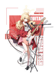 Rule 34 | 1girl, absurdres, ahoge, black footwear, blonde hair, blue archive, blush, brown eyes, cable, character name, coat, collarbone, electric guitar, fender stratocaster, food, guitar, hair ribbon, halo, highres, holding, holding plectrum, instrument, ji dan, kneehighs, knees together feet apart, loafers, long hair, long sleeves, looking at viewer, low twintails, microphone, microphone stand, official alternate costume, open clothes, open coat, parted lips, pink skirt, playing guitar, pleated skirt, plectrum, puffy long sleeves, puffy sleeves, red coat, red ribbon, red wristband, ribbon, shadow, shirt, shirt tucked in, shoes, skirt, socks, solo, standing, standing on one leg, t-shirt, text background, twintails, white shirt, white socks, yoshimi (band) (blue archive), yoshimi (blue archive), zoom layer