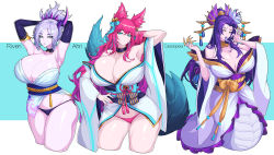 Rule 34 | 3girls, ahri (league of legends), alternate breast size, animal ear fluff, animal ears, arm behind head, arms behind head, bare shoulders, black panties, blue tail, breasts, cassiopeia (league of legends), character name, claws, cleavage, colored skin, colored tongue, cropped legs, detached collar, detached sleeves, elbow gloves, facial tattoo, fellatio gesture, fox ears, fox girl, fox tail, gloves, headdress, hella p, huge breasts, japanese clothes, lamia, league of legends, long hair, long tongue, looking at viewer, looking down, monster girl, multiple girls, nail polish, obi, official alternate costume, ok sign, open mouth, panties, pink panties, pink skin, ponytail, purple tongue, riven (league of legends), sash, spirit blossom ahri, spirit blossom cassiopeia, spirit blossom riven, tail, tattoo, tongue, underwear, very long hair, wide sleeves, yellow eyes