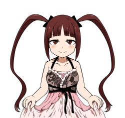Rule 34 | 1girl, arched bangs, bare arms, bare shoulders, blush, breasts, brown hair, closed mouth, collarbone, cowboy shot, curtsey, dot nose, floral print, frilled negligee, frills, glasses, hair ribbon, halterneck, idolmaster, idolmaster million live!, idolmaster million live! theater days, kuro megane (cat-13), layered nightgown, light smile, long hair, looking at viewer, matsuda arisa, medium breasts, official alternate costume, pink negligee, red eyes, ribbon, rose print, sexy beautiful (idolmaster), sidelocks, simple background, solo, straight-on, twintails, very long hair, white background