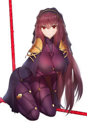 Rule 34 | 1girl, arched back, armor, bodysuit, breast hold, breasts, fate/grand order, fate (series), gae bolg (fate), kneeling, large breasts, long hair, looking at viewer, parted lips, pauldrons, polearm, purple bodysuit, purple hair, red eyes, scathach (fate), shoulder armor, simple background, solo, spear, veil, very long hair, weapon, white background, yaman (yamanta lov)