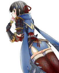 Rule 34 | 1girl, armor, ass, black hair, blush, breasts, dango, fingerless gloves, food, gloves, hair between eyes, hair ornament, headband, highres, japanese clothes, kamura (armor), looking at viewer, monster hunter (series), monster hunter rise, shino-o, short hair, simple background, solo, thighhighs, wagashi
