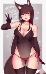 Rule 34 | 2020, :d, absurdres, animal ear fluff, animal ears, arm at side, arm up, armpits, black dress, black gloves, black thighhighs, bluefield, blunt bangs, blush, border, bra, breasts, brown hair, choker, cleavage, cleft of venus, collarbone, commentary, covered erect nipples, dress, elbow gloves, english commentary, fox ears, fox girl, fox tail, gloves, grey background, grey eyes, happy new year, highres, large breasts, long hair, new year, open mouth, original, outside border, panties, pentagram, pink bra, pink choker, pink panties, revealing clothes, see-through, side-tie panties, simple background, sleeveless, smile, straight hair, tail, teeth, thighhighs, underwear, upper teeth only, v, white border