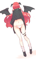 Rule 34 | 1girl, bad id, bad pixiv id, bare legs, black dress, black footwear, blush, clothes lift, covering face, demon tail, demon wings, dress, dress lift, embarrassed, full body, gluteal fold, head wings, highres, koakuma, long hair, navel, non (z-art), panties, red hair, shoes, socks, solo, tail, touhou, underwear, very long hair, white background, white panties, wings