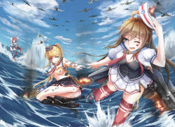 Rule 34 | 3girls, aircraft, airplane, ass, blonde hair, blood, blue eyes, boots, breasts, brown hair, character request, cleavage, cloud, day, fire, hornet (warship girls r), long hair, medium breasts, multiple girls, northampton (warship girls r), ocean, one eye closed, pink hair, porter (warship girls r), skirt, thighhighs, torn clothes, torn legwear, torn skirt, warship girls r, yuemanhuaikong
