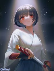 Rule 34 | 1girl, black hair, bob cut, chain paradox, commentary request, copyright name, fingerless gloves, gloves, holding, holding sword, holding weapon, japanese clothes, katana, looking at viewer, official art, original, sheath, shirt, solo, sword, tokimaru, unsheathing, weapon, white shirt