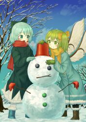 Rule 34 | absurdres, aqua coat, bare tree, blue bow, blue coat, blue dress, blue eyes, blue hair, blue sky, bow, cirno, cloud, coat, daiyousei, detached wings, dress, ekaapetto, fairy, fairy wings, frozen, green hair, hair bow, highres, holding snowman, ice, ice wings, red scarf, scarf, side ponytail, sky, snow, snowing, snowman, touhou, tree, wings, winter, winter clothes, winter coat, yellow bow, yellow scarf