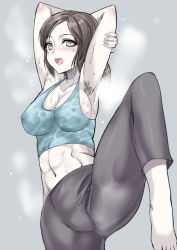 Rule 34 | 1girl, armpit hair, armpits, black hair, blush, colored skin, grey eyes, long hair, midriff, murasame nohito, navel, nintendo, ponytail, smell, smile, solo, spandex, steam, super smash bros., sweat, tank top, taut clothes, white skin, wii fit, wii fit trainer, wii fit trainer (female)