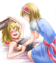 Rule 34 | 2girls, alice margatroid, bed sheet, blonde hair, blue eyes, blush, book, braid, camisole, hairband, holding another&#039;s wrist, kirisame marisa, lace, lace-trimmed ribbon, lace trim, laughing, lingerie, lolita hairband, midriff, multiple girls, navel, nip to chip, one eye closed, open mouth, puffy short sleeves, puffy sleeves, ribbon, short sleeves, side braid, smile, tears, tickling, tickling armpits, touhou, underwear, wink, yellow eyes, yuri