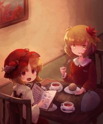 Rule 34 | 2girls, :d, aki minoriko, aki shizuha, apple, black ribbon, blonde hair, blush, bread, cake, chair, commentary, cup, drawing (object), dress, eyebrows hidden by hair, food, fork, fruit, grapes, hair ornament, hat, highres, holding, holding fork, indoors, kanno fumiroku, leaf hair ornament, long sleeves, looking at another, looking to the side, menu, multiple girls, neck ribbon, on chair, open mouth, parted lips, plate, pointing, red dress, red eyes, red headwear, red shirt, ribbon, saucer, shirt, short hair, siblings, sisters, sitting, smile, spoon, table, tea, teacup, touhou, white shirt, wooden chair, wooden table, yellow eyes