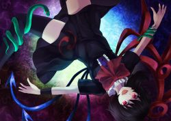 Rule 34 | 1girl, :d, asymmetrical wings, black dress, black hair, black thighhighs, bow, bowtie, buttons, dress, fangs, houjuu nue, looking at viewer, open mouth, outstretched arms, red bow, red bowtie, red eyes, short hair, short sleeves, smile, snake, solo, thighhighs, touhou, wings, wristband, yuha (yh-krm), zettai ryouiki