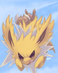 Rule 34 | 2008, angry, blue background, commentary, creature, eevee, falling, full body, furrowed brow, gen 1 pokemon, glitchedpuppet, jolteon, lowres, no humans, open mouth, pokemon, pokemon (creature), running, signature, teeth, yellow eyes