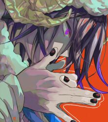 Rule 34 | 1boy, black nails, curled horns, danganronpa (series), danganronpa v3: killing harmony, from side, fur hat, fur trim, gyi (xxxid4), hands up, hat, highres, horns, male focus, nail polish, oma kokichi, orange background, own hands together, pink eyes, portrait, profile, red background, sheep horns, simple background, solo