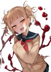 Rule 34 | 1girl, black skirt, blonde hair, blood, blouse, blush, boku no hero academia, bow, bowtie, breasts, brown eyes, brown shirt, buttons, collar, collared shirt, double bun, fang, fangs, hair bun, hand up, highres, karasusou nano, knife, long sleeves, looking at viewer, medium breasts, multicolored eyes, open mouth, red bow, red bowtie, shaded face, shirt, short hair, simple background, skirt, smile, solo, standing, teeth, toga himiko, tongue, weapon, white background, yellow eyes