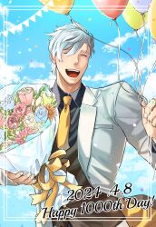 Rule 34 | 1boy, ^ ^, absurdres, anniversary, balloon, bouquet, closed eyes, cowboy shot, dated, fate/grand order, fate (series), flower, formal, happy, highres, holding, holding balloon, holding bouquet, itaru (kidomh63), male focus, muscular, muscular male, percival (fate), short hair, solo, suit, white hair, white suit