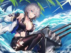 Rule 34 | 1girl, :o, azur lane, black footwear, black gloves, black pantyhose, blue eyes, blush, boots, breasts, choker, cleavage, cropped vest, day, dutch angle, echj, gloves, large breasts, midriff, mole, mole on breast, navel, outdoors, pantyhose, short hair, silver hair, skirt, solo, thigh boots, thighhighs, torn clothes, torn legwear, turret, vest, washington (azur lane), weibo watermark