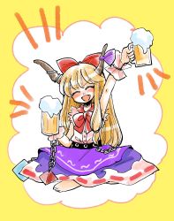 Rule 34 | 1girl, :d, arm up, barefoot, beer mug, bow, bowtie, closed eyes, cup, facing viewer, fang, full body, hair bow, highres, horn bow, horn ornament, horns, ibuki suika, indian style, komaku juushoku, mug, open mouth, purple bow, purple skirt, red bow, red bowtie, shirt, sitting, skirt, sleeveless, smile, solo, torn clothes, torn sleeves, touhou, white shirt, yellow background
