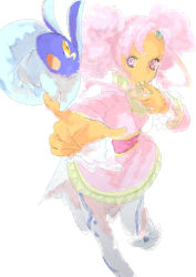 Rule 34 | 00s, 1girl, creature, dark skin, derison, dress, foreshortening, meredy (tales), pantyhose, pink dress, pink eyes, pink hair, pink skirt, pointing, quickie (tales), skirt, tales of (series), tales of eternia, twintails, white background, white pantyhose