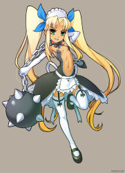 Rule 34 | 1girl, ball and chain (weapon), blonde hair, bow, center opening, dress, elbow gloves, flat chest, gloves, green eyes, juliet (vanpri), leg lift, legs, long hair, maid, maid headdress, mary janes, midriff, navel, no bra, petite, shoes, smile, solo, speh, spiked ball and chain, thighhighs, twintails, vanguard princess, very long hair, weapon, white gloves, white thighhighs, zettai ryouiki