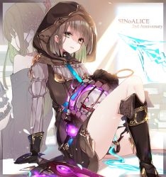 Rule 34 | 1boy, black mask, blunt bangs, boots, brown hair, cage, closed eyes, closed mouth, dual persona, gloves, green eyes, green hair, gretel (sinoalice), hansel (sinoalice), happy, highres, hood, hood up, legband, long hair, long sleeves, looking at viewer, male focus, mask, mcmcmococo, mouth mask, noose, open mouth, reality arc (sinoalice), shirt, short hair, sinoalice, solo, suicide, surgical mask, sword, t-shirt, thighhighs, weapon