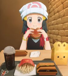 Rule 34 | 1girl, :i, beanie, black shirt, blue eyes, blue hair, blush, bracelet, brick wall, burger, closed mouth, cola, creatures (company), dawn (pokemon), eating, food, french fries, game freak, hat, highres, indoors, jewelry, keihh, looking at viewer, mcdonald&#039;s, nintendo, pokemon, pokemon (anime), pokemon dppt (anime), red scarf, scarf, shirt, sleeveless, solo, upper body, watch, white hat, wristwatch