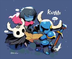 Rule 34 | ..., 1boy, 2others, androgynous, armor, black hair, blue background, blue skin, cloak, closed mouth, colored skin, crossover, deltarune, english text, fake horns, gloves, hand on another&#039;s head, helmet, highres, holding, holding map, hollow knight, horned helmet, horns, knight (hollow knight), kris (deltarune), map, multiple others, rariatto (ganguri), red scarf, scarf, shaded face, shovel, shovel knight, shovel knight (character), simple background, spoken ellipsis, trait connection, twitter username, weapon