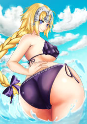 Rule 34 | 1girl, absurdres, ass, baban, bare shoulders, bikini, blonde hair, blue eyes, blush, braid, breasts, cameltoe, fate/apocrypha, fate/grand order, fate (series), from behind, helmet, highres, huge ass, jeanne d&#039;arc (fate), jeanne d&#039;arc (ruler) (fate), large breasts, long hair, looking at viewer, looking back, looking down, ruler (fate/grand order), shiny skin, sideboob, single braid, smile, solo, swimsuit, underboob, very long hair