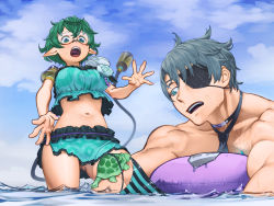 Rule 34 | 1boy, 1girl, armor, assisted exposure, bikini, blush, breasts, choker, cleft of venus, collarbone, couple, day, embarrassed, eyepatch, food, frilled bikini, frills, glasses, gluteal fold, green hair, grey hair, hand up, highres, large breasts, md5 mismatch, natto soup, necktie, no panties, open mouth, outdoors, pandoria (beach date) (xenoblade), pandoria (xenoblade), pointy ears, resolution mismatch, round eyewear, short hair, shoulder armor, source smaller, standing, swimsuit, tail, teeth, turters (xenoblade), turtle, wardrobe malfunction, water, xenoblade chronicles (series), xenoblade chronicles 2, zeke von genbu (xenoblade)