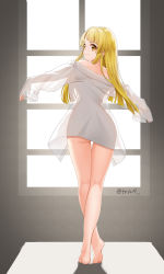 Rule 34 | 1girl, absurdres, ass, backboob, bang dream!, bare legs, bare shoulders, barefoot, blonde hair, blunt bangs, breasts, commentary request, dopamine70, from behind, full body, highres, kneepits, long hair, long sleeves, looking at viewer, looking back, medium breasts, off-shoulder shirt, off shoulder, see-through, shirt, sleeves past wrists, smile, solo, standing, thigh gap, tsurumaki kokoro, white shirt, window, yellow eyes