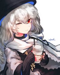 Rule 34 | 1girl, absurdres, arknights, black headwear, braid, commentary request, cross, cross necklace, cup, disposable cup, drinking straw, grey robe, hair between eyes, highres, holding, holding cup, jewelry, korean commentary, long hair, long sleeves, looking at viewer, necklace, official alternate costume, one eye closed, red eyes, ribiadan, robe, scarf, signature, silver hair, simple background, smile, solo, specter (arknights), specter (undercurrent) (arknights), upper body, white background, white scarf