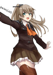 Rule 34 | 1girl, arm up, ascot, blazer, blue eyes, brown hair, brown jacket, brown skirt, brown thighhighs, frilled skirt, frills, jacket, kantai collection, kumano (kancolle), long hair, long sleeves, minarai, one-hour drawing challenge, open mouth, orange ascot, ponytail, school uniform, simple background, skirt, solo, thighhighs, twitter username, white background