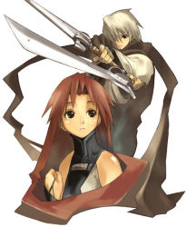 Rule 34 | 1boy, 1girl, bare shoulders, cloak, copyright request, dual wielding, expressionless, hair over one eye, holding, long hair, looking at viewer, looking away, nagi ryou, red hair, silver hair, very long hair
