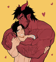 2boys abs arm_hair bara beard black_hair blush chest_hair colored_skin demon demon_horns dominique_(the_devil_and_s-13) ear_piercing facial_hair hand_on_another&#039;s_arm heart highres horns hug looking_at_another male_focus multiple_boys muscular muscular_male piercing red_skin short_hair sideburns simple_background smile steen_(the_devil_and_s-13) suyohara teeth the_devil_and_s-13 upper_body yaoi yellow_background yellow_eyes