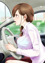 Rule 34 | 1girl, blush, breast pocket, breasts, brown eyes, brown hair, car, collared shirt, commentary request, driving, earrings, fiat 500, from side, highres, island lagoon, jewelry, large breasts, long hair, low-tied long hair, motor vehicle, office lady, open mouth, original, pocket, shirt, steering wheel, sweat, swept bangs, tears, thighs, white shirt