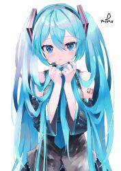 Rule 34 | 1girl, arm tattoo, black shirt, black sleeves, blue eyes, blue hair, blue necktie, blush, character name, closed mouth, collared shirt, commentary, detached sleeves, hair between eyes, hands up, hatsune miku, highres, holding, holding own hair, long hair, necktie, shirt, simple background, sleeveless, sleeveless shirt, solo, takepon1123, tattoo, twintails, upper body, vocaloid, white background