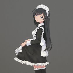 Rule 34 | 1girl, ahoge, akagi (fmttps), alternate costume, apron, artist name, black dress, black eyes, black hair, black thighhighs, closed mouth, commentary, cowboy shot, dress, enmaided, frilled apron, frilled dress, frilled thighhighs, frills, from side, girls und panzer, grey background, half-closed eyes, head tilt, isuzu hana, light smile, long hair, long sleeves, looking at viewer, maid, maid apron, maid headdress, simple background, skirt hold, solo, standing, thighhighs, twitter username, white apron