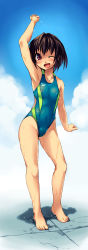 Rule 34 | 1girl, :d, arm up, armpits, barefoot, black hair, blush, bosshi, cameltoe, cloud, competition swimsuit, day, feet, flat chest, full body, highleg, highleg swimsuit, highres, legs, long image, one-piece swimsuit, one eye closed, open mouth, original, outdoors, pink eyes, see-through, short hair, sky, smile, solo, standing, swimsuit, tall image, wet, wink