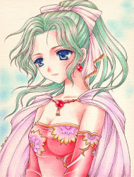 Rule 34 | 1990s (style), 1girl, bad id, bad pixiv id, blue eyes, bow, cape, detached sleeves, earrings, final fantasy, final fantasy vi, green hair, jewelry, pink bow, ponytail, solo, tina branford, traditional media, yukiou